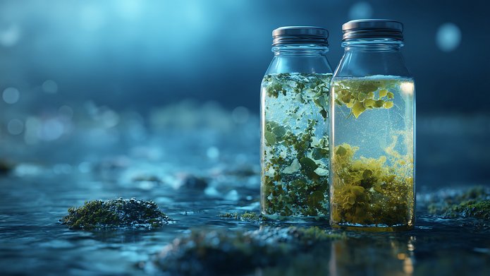Polluted water filled with algae and bacteria compared to pure drinking water, environmental science concept Grafika