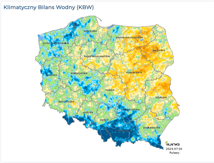 Klimatyczny Bilansu Wodny (KBW) dla kraju w okresie od 1 maja do 30 czerwca 2024 roku. Średnia wartość KBW wynosiła -121 mm. Na południu kraju deficyt wody był najmniejszy. Największe niedobory wody od -160 do -229 mm notowano na obszarze: Pojezierza Mazurskiego, Polesia, Wyżyny Lubelskiej, Niziny Mazowieckiej oraz Podlaskiej. Stwierdzono wystąpienie suszy rolniczej powodujące straty o 20% wyższe w stosunku do plonów uzyskanych w przeciętnych wieloletnich warunkach pogodowych (źródło: SMSR - Mapy KBW 2024-05-01 - 2024-06-30 (iung.pulawy.pl).
